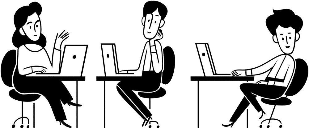 책상에서 컴퓨터로 작업하는 여러 사람의 그림