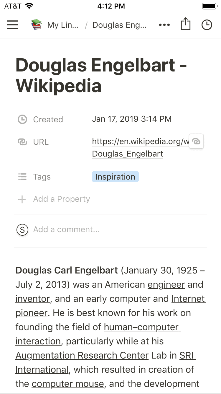 속성이 포함된 Notion 문서에 공유된 링크의 스크린샷