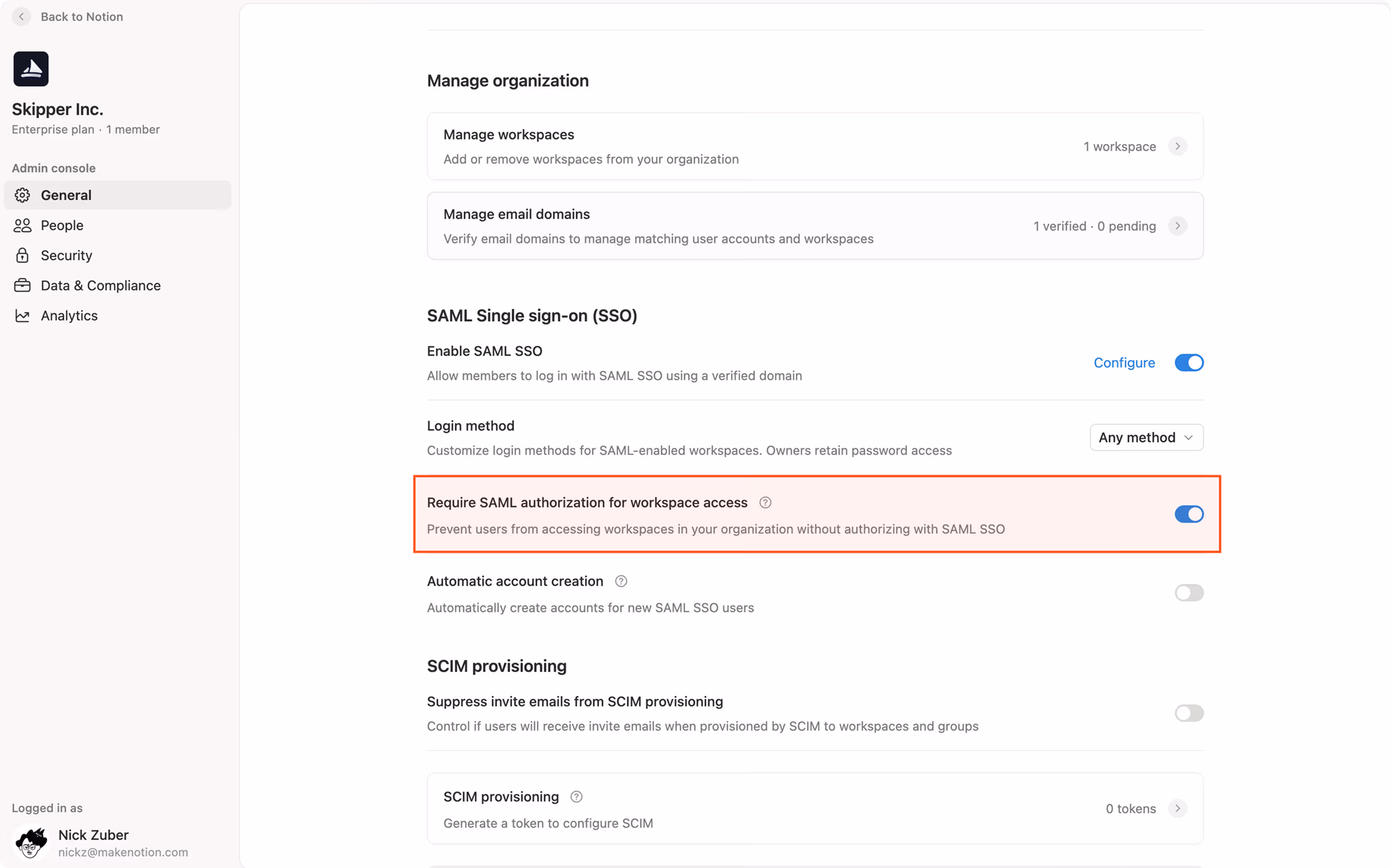 도움말 센터: 작업 영역 수준 SAML 인증 설정