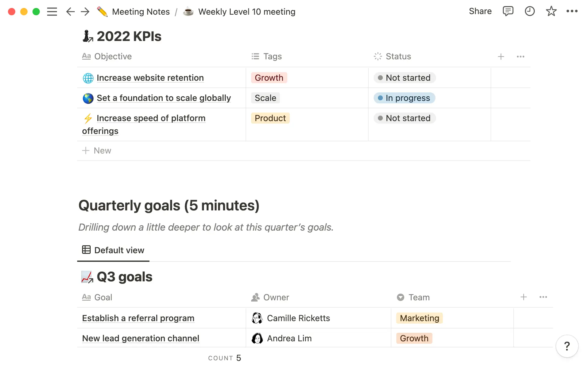 관계된 데이터베이스를 사용해 원하는 Notion 페이지에서 목표를 연결할 수 있습니다.