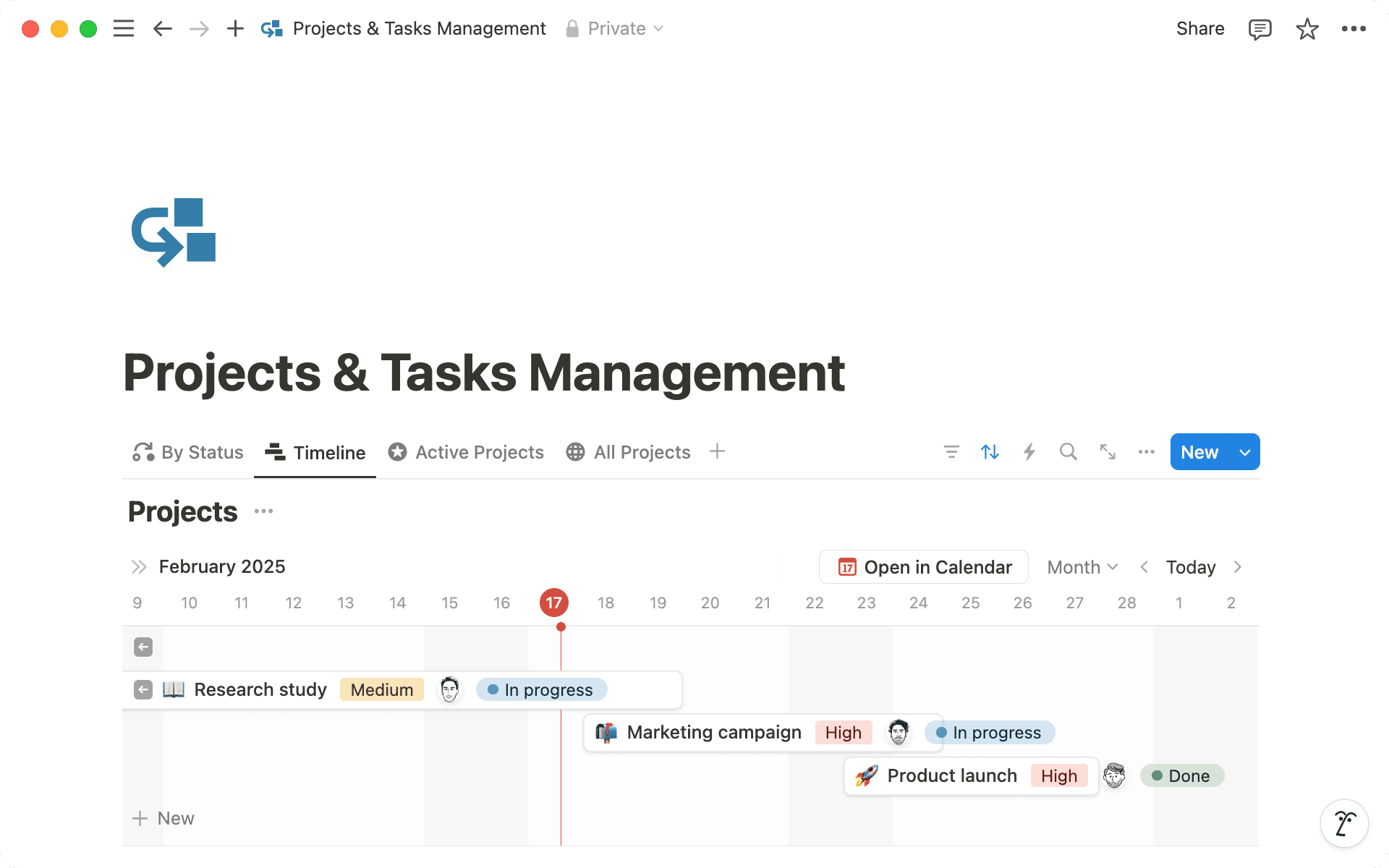 See how different projects overlap using the timeline view with clear start and end dates.