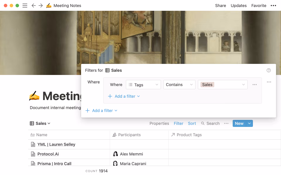 Notion 영업팀 회의록 데이터베이스 보기 예시