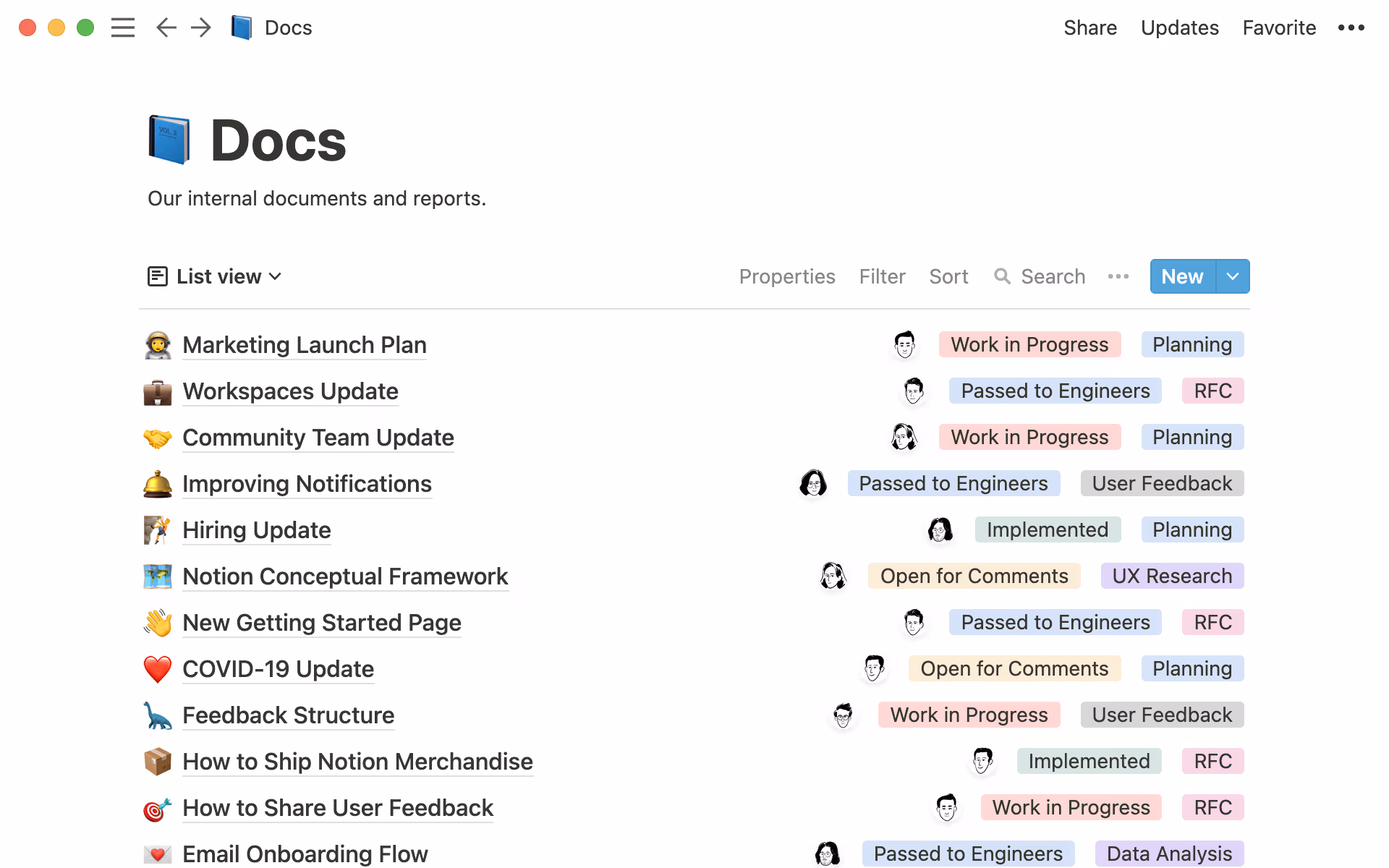 Notion의 문서 데이터베이스는 업데이트, RFC 등 모든 문서가 있는 곳입니다