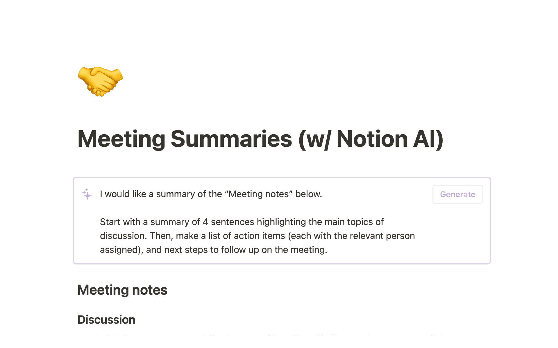 Notion AI prompts that instruct the tool to create a summary of meeting notes with action items