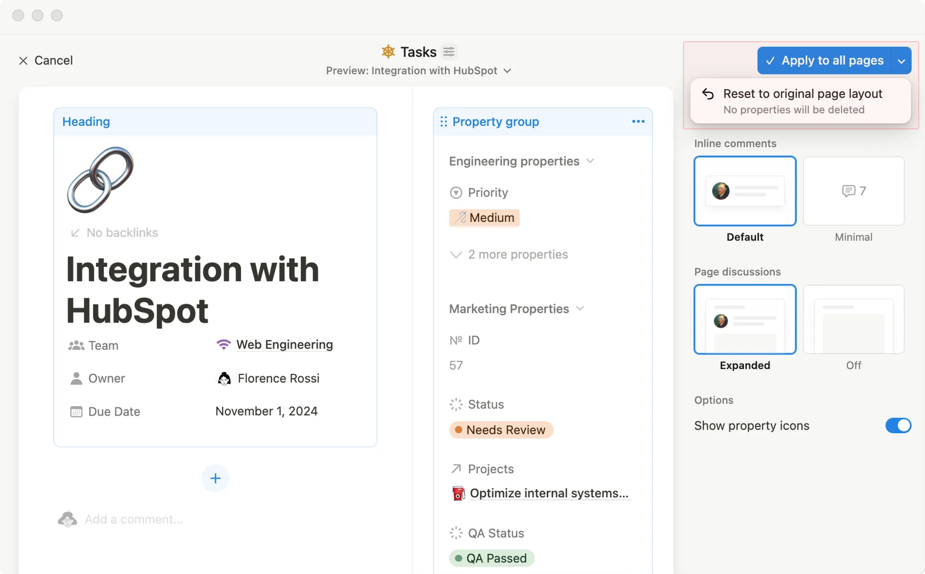 HC: 페이지에 적용 또는 재설정