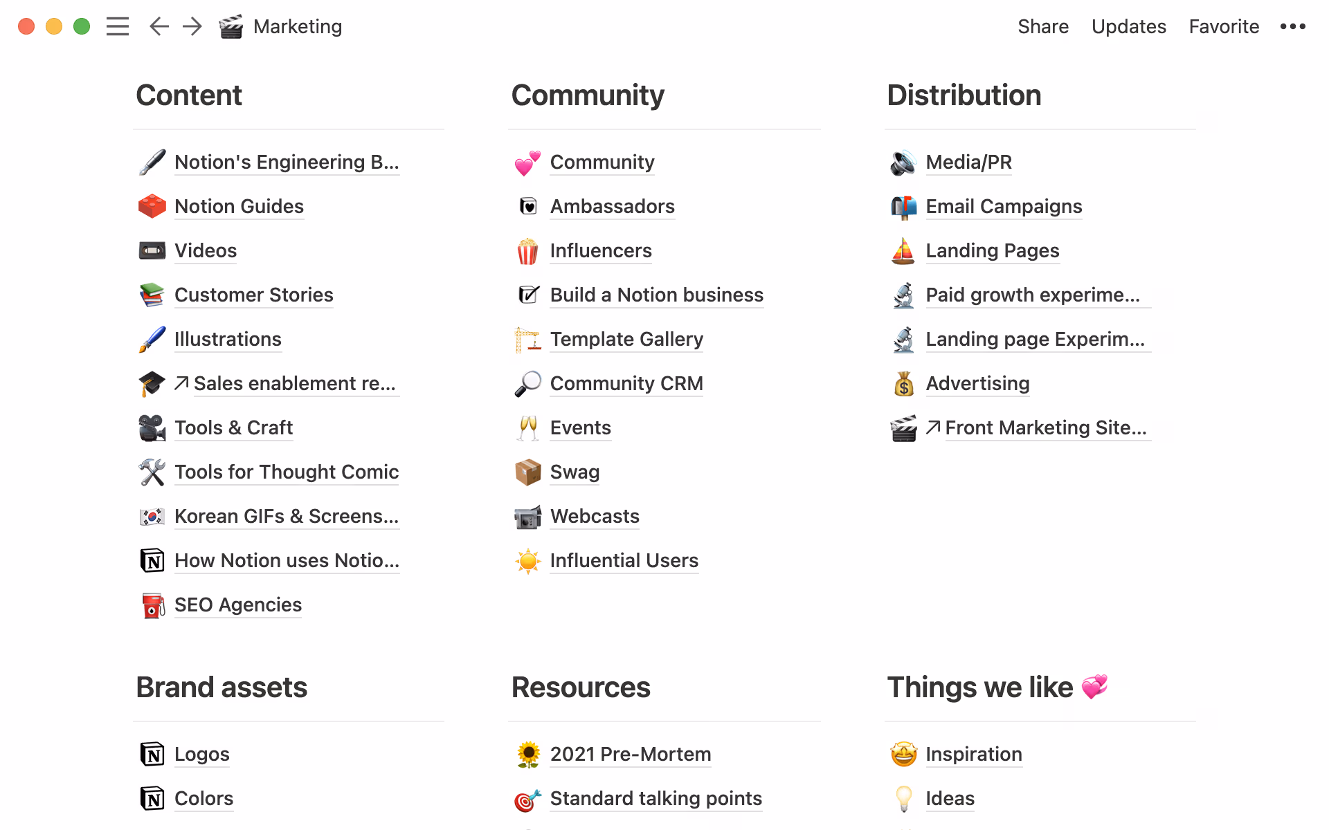 Notion 마케팅팀의 위키 페이지
