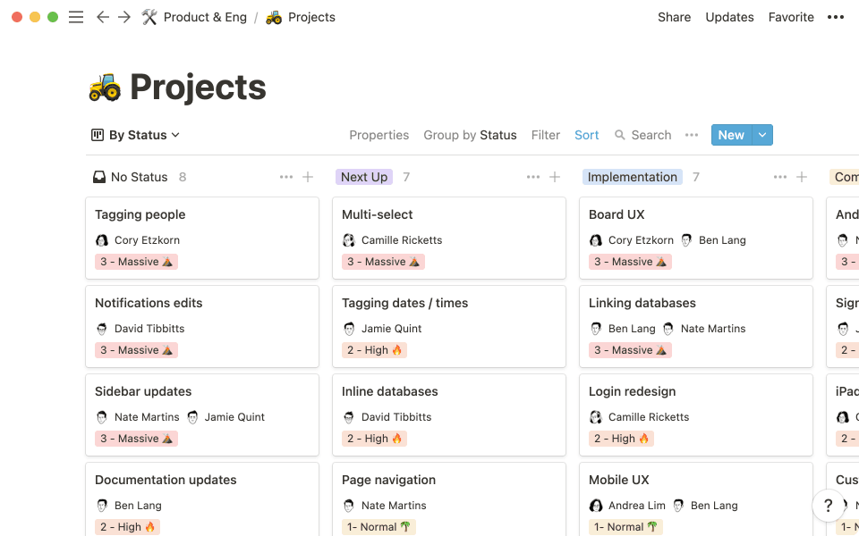 Notion 엔지니어링팀의 프로젝트 데이터베이스 예시