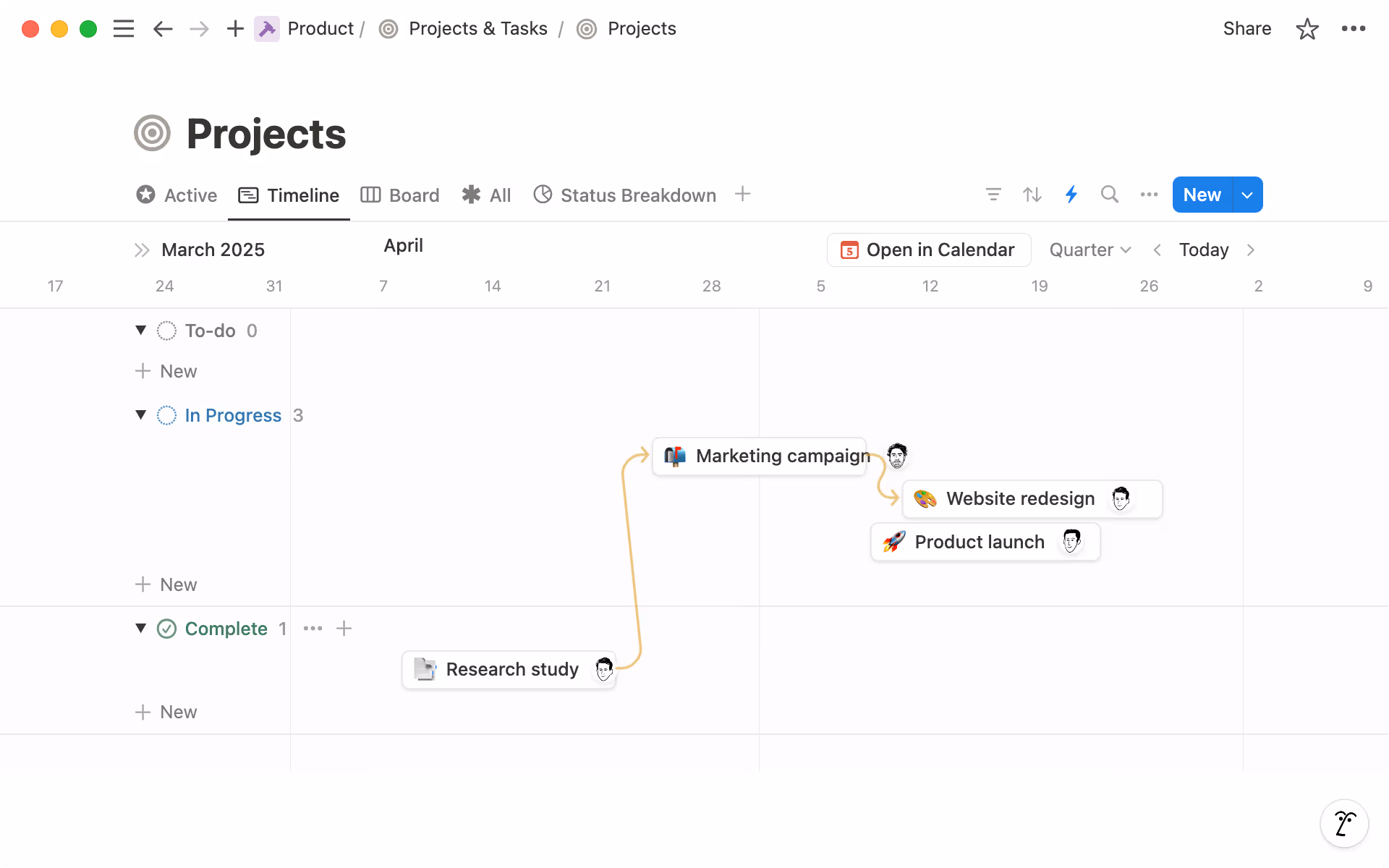 See how projects are progressing on a Timeline view.