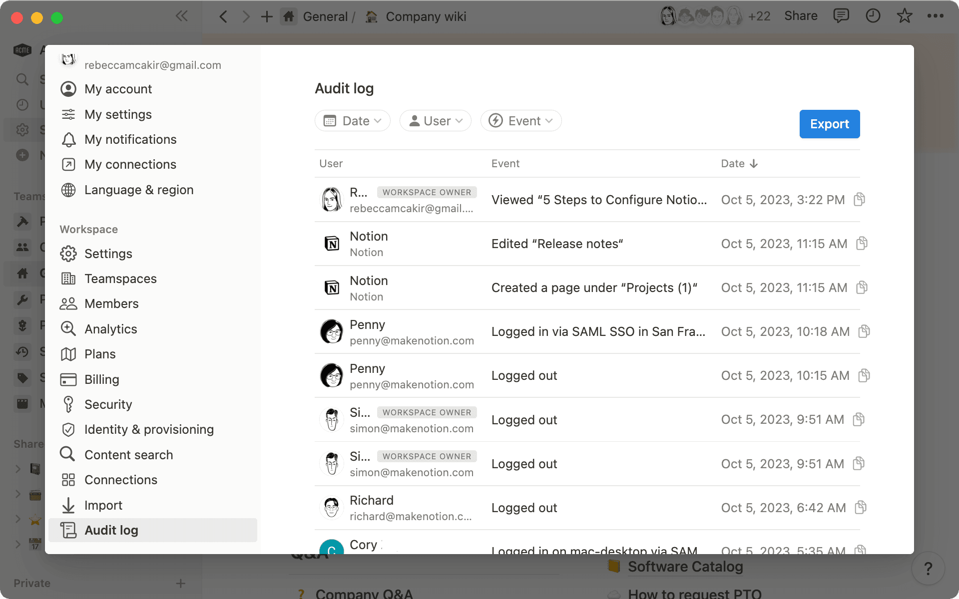 워크스페이스 소유자는 감사 로그를 통해 워크스페이스에서 발생한 모든 활동을 확인할 수 있습니다.